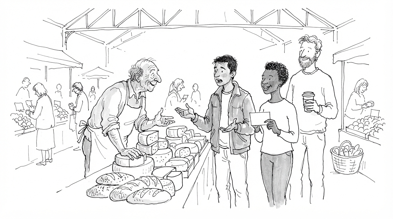 Ink drawing of a market hall: a learner chats with a cheese seller while his partner waits with a mission card and their coach watches with a coffee.